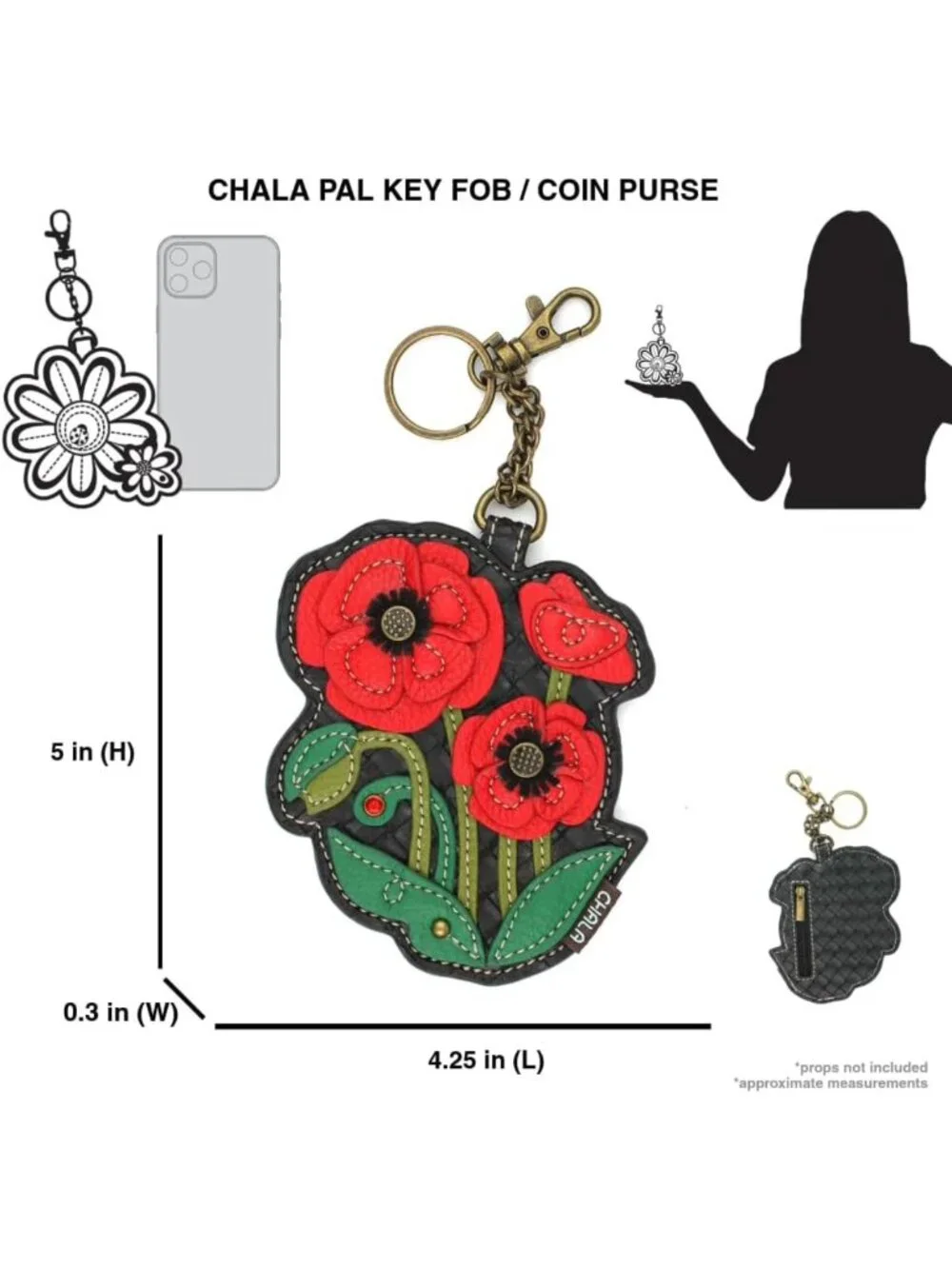 Chic Decorative Key Fob & Coin Purse Accessory - Plant Life Design, Red Poppy